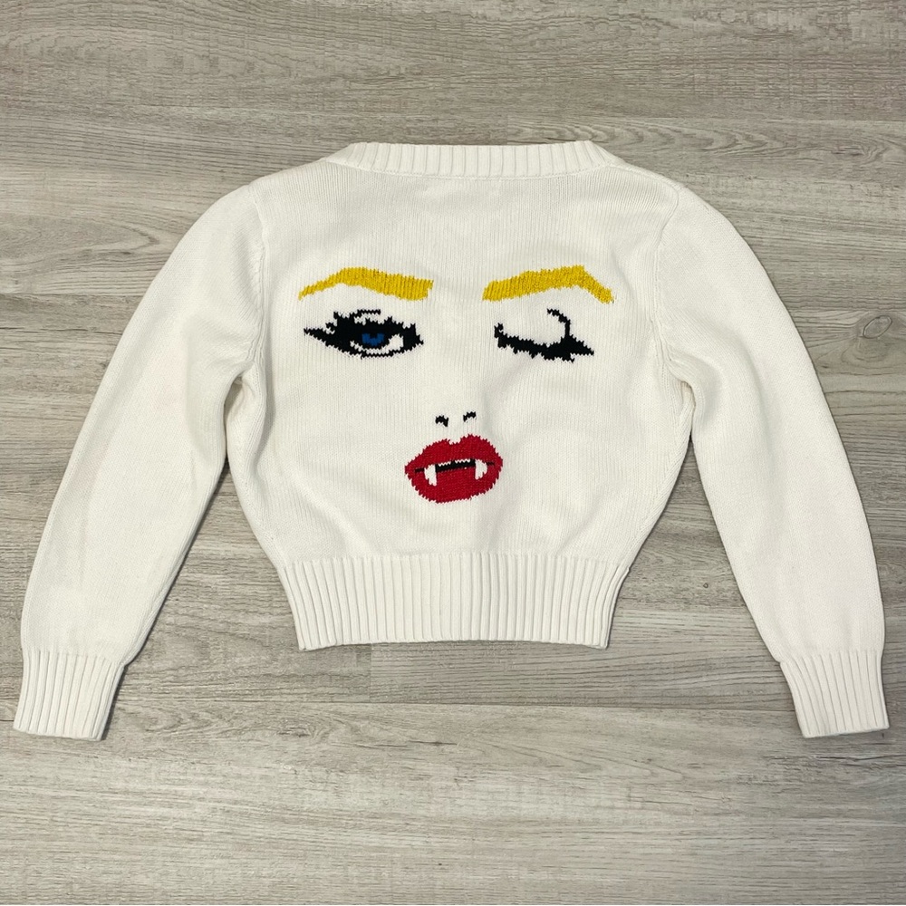 RARE Vintage Betsey Johnson Marilyn Monroe “Wink” Vampire White Cardigan Size S